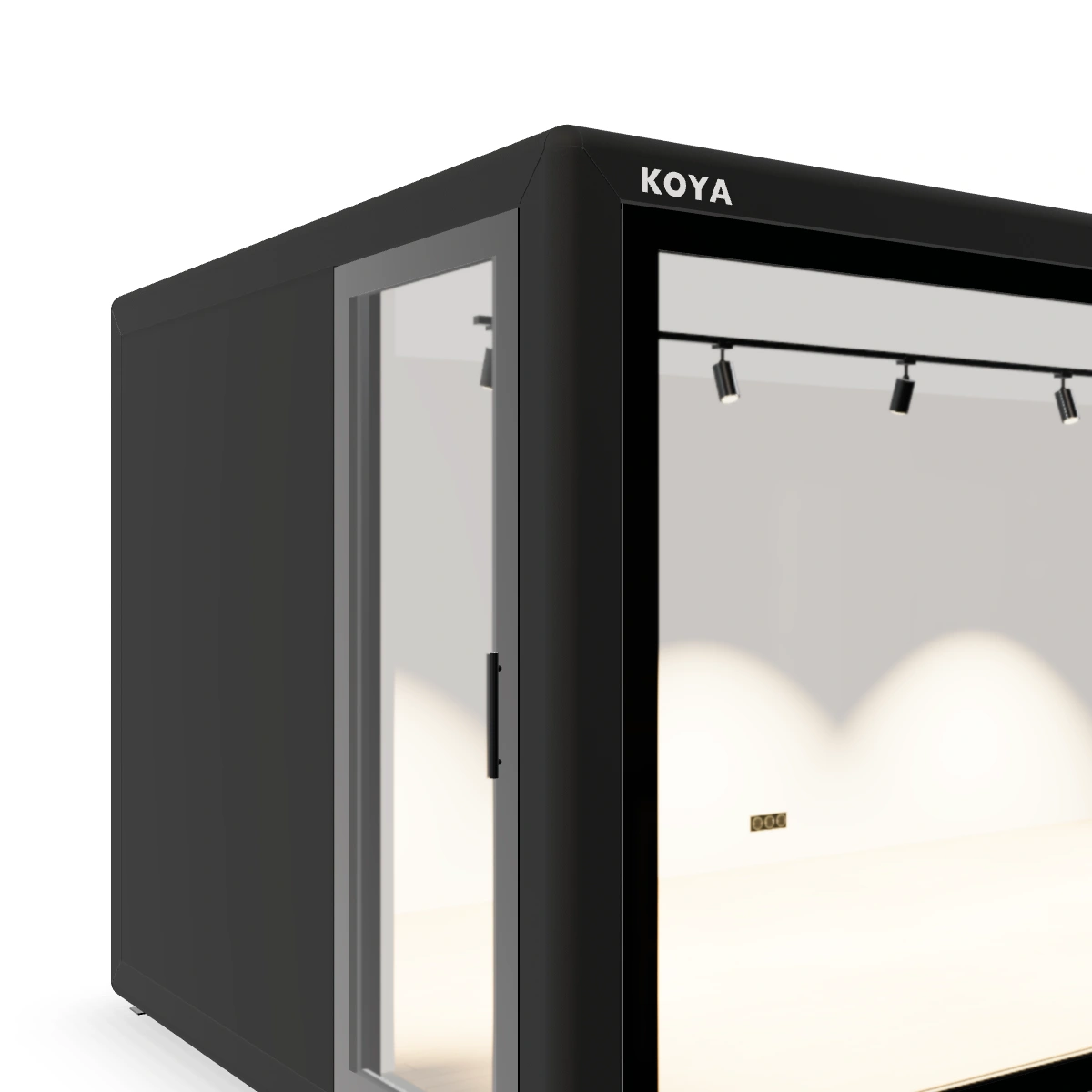KOYA Cube mit gerundetem Aluminiumrahmen, in gerader Architekturperspektive